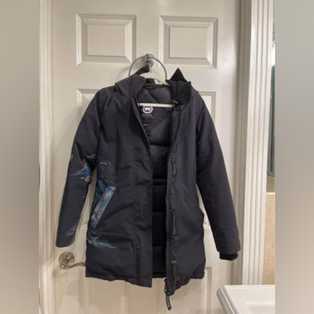 Women’s XS Black Canada Goose Parka with Abstract Art